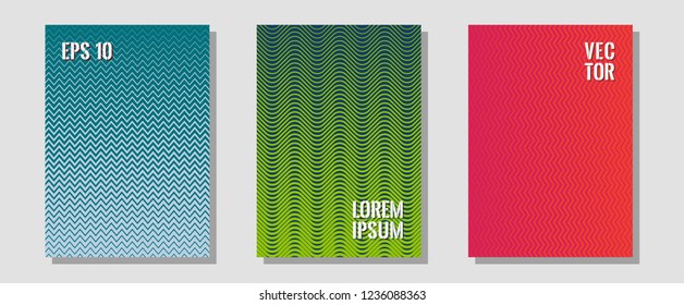 Brochure covers, posters, banners vector templates. Simple book covers. Zigzag halftone lines wave stripes backdrops. Musical album adverts. Geometric graphic design for booklet brochure covers.