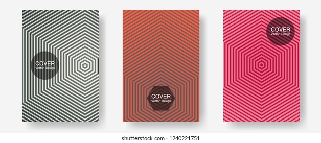 Brochure covers, posters, banners vector templates. Musical album adverts. Halftone lines annual report templates. Hipster black pink placards. Geometric graphic design for booklet brochure covers.