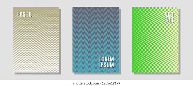 Brochure covers, posters, banners vector templates. Stylish print pages. Zigzag halftone lines wave stripes backdrops. Trendy magazines. Geometric graphic design for booklet brochure covers.