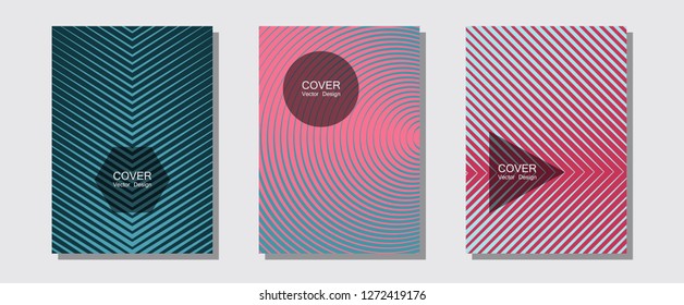 Brochure covers, posters, banners vector templates. Music album adverts. Halftone lines music poster background. Simple book covers. Geometric graphic design for booklet brochure covers.