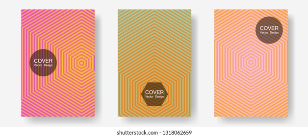 Brochure covers, posters, banners vector templates. Corporate catalogs. Halftone lines annual report templates. Laconic nifty mockups. Geometric graphic design for booklet brochure covers.