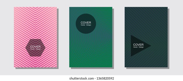 Brochure covers, posters, banners vector templates. Trendy magazines. Halftone lines music poster background. Divergent maquettes. Geometric graphic design for booklet brochure covers.