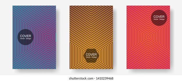 Brochure covers, posters, banners vector templates. Laconic business cards. Halftone lines annual report templates. Futuristic style. Geometric graphic design for booklet brochure covers.