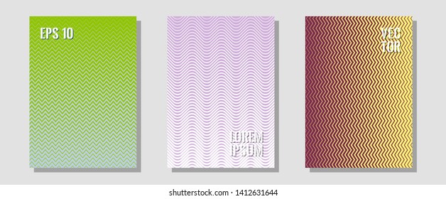 Brochure covers, posters, banners vector templates. Divergent maquettes. Zigzag halftone lines wave stripes backdrops. Hipster placards. Geometric graphic design for booklet brochure covers.