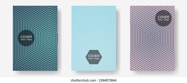 Brochure covers, posters, banners vector templates. Corporate catalogs. Halftone lines annual report templates. Scientific style mix. Geometric graphic design for booklet brochure covers.