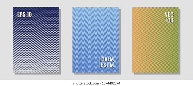 Brochure covers, posters, banners vector templates. Musical album adverts. Zigzag halftone lines wave stripes backdrops. Trendy magazines. Geometric graphic design for booklet brochure covers.