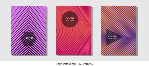Brochure covers, posters, banners vector templates. Minimalist geometry. Halftone lines music poster background. Musical album adverts. Geometric graphic design for booklet brochure covers.