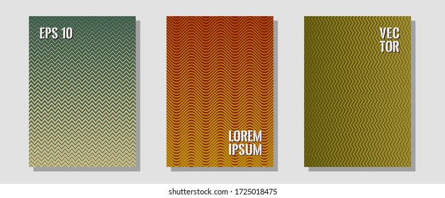 Portadas de folletos, afiches, banners de plantillas vectoriales. Elegantes maquillajes insignificantes. Zigzag líneas de semitono ondulan rayas de fondo. Catálogos corporativos. Diseño gráfico geométrico para portadas de folletos.