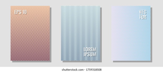 Portadas de folletos, afiches, banners de plantillas vectoriales. Carteles hipster. Zigzag líneas de semitono ondulan rayas de fondo. Gradiación lineal desvanecida. Diseño gráfico geométrico para portadas de folletos.