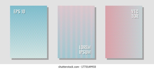 Portadas de folletos, afiches, banners de plantillas vectoriales. Marca moderna. Zigzag líneas de semitono ondulan rayas de fondo. Anuncios musicales de álbumes. Diseño gráfico geométrico para portadas de folletos.