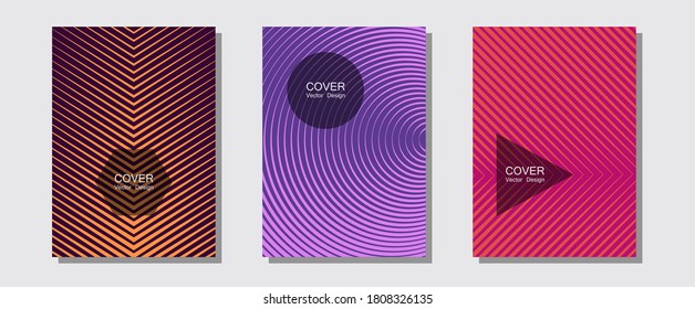 Brochure covers, posters, banners vector templates. Trendy magazines. Halftone lines music poster background. Future mockups samples. Geometric graphic design for booklet brochure covers.