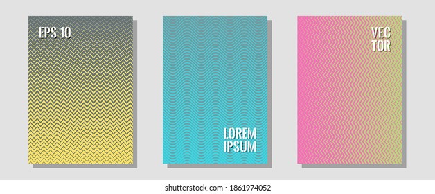 Brochure covers, posters, banners vector templates. Music placards. Zigzag halftone lines wave stripes backdrops. Stylish print pages. Geometric graphic design for booklet brochure covers.