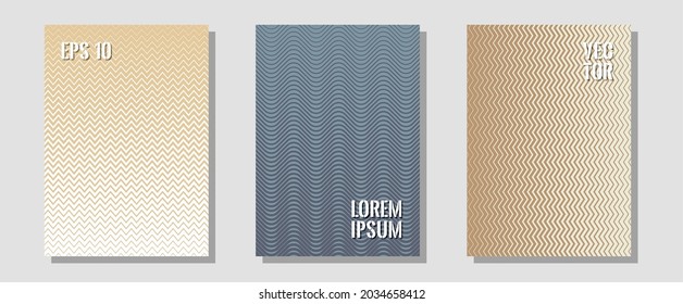 Portadas de folletos, afiches, banners de plantillas vectoriales. Páginas de impresión elegantes. Zigzag líneas de semitono ondulan rayas de fondo. Marca moderna. Diseño gráfico geométrico para portadas de folletos.