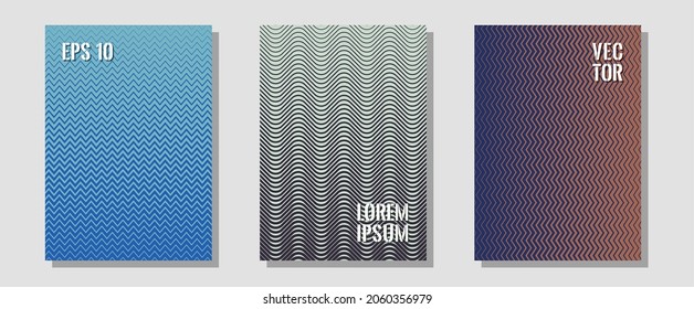 Brochure covers, posters, banners vector templates. Divergent maquettes. Zigzag halftone lines wave stripes backdrops. Trendy magazines. Geometric graphic design for booklet brochure covers.