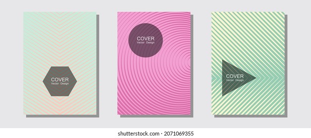 Brochure covers, posters, banners vector templates. Elegant patchy mockups. Halftone lines music poster background. Music placards. Geometric graphic design for booklet brochure covers.