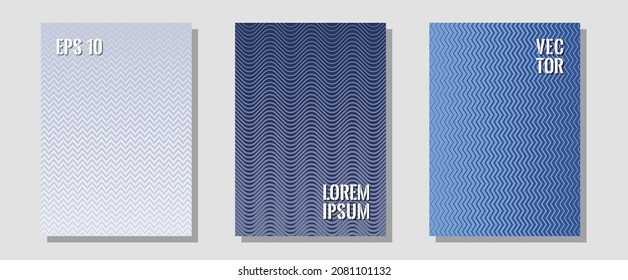 Portadas de folletos, afiches, banners de plantillas vectoriales. Composición neotérica. Zigzag líneas de semitono ondulan rayas de fondo. Carteles hipster. Diseño gráfico geométrico para portadas de folletos.