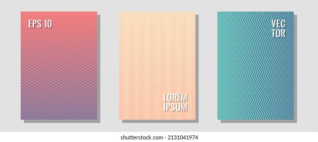 Portadas de folletos, afiches, banners de plantillas vectoriales. Revistas minimalistas. Zigzag líneas de semitono ondulan rayas de fondo. Carteles musicales. Diseño gráfico geométrico para portadas de folletos.