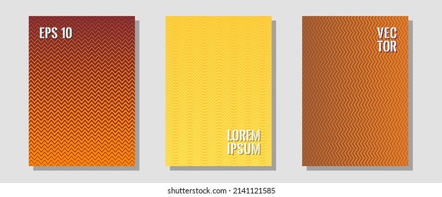 Portadas de folletos, afiches, banners de plantillas vectoriales. Carteles hipster. Zigzag líneas de semitono ondulan rayas de fondo. Formadores tecnológicos. Diseño gráfico geométrico para portadas de folletos.