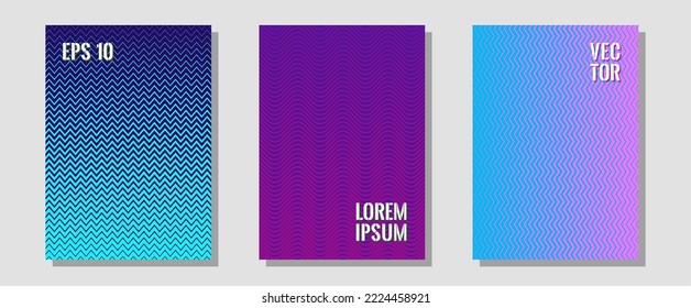 Portadas de folletos, afiches, banners de plantillas vectoriales. Carteles musicales. Zigzag líneas de semitono ondulan rayas de fondo. Anuncios musicales de álbumes. Diseño gráfico geométrico para portadas de folletos.