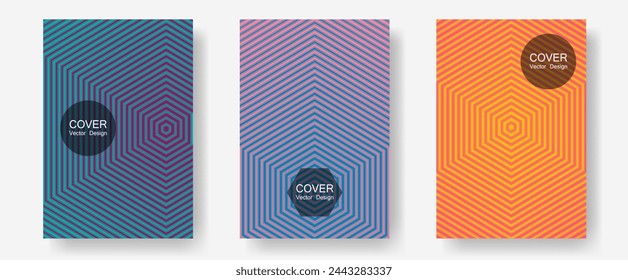 Brochure covers, posters, banners vector templates. Minimalistic journals. Halftone lines annual report templates. Hipster placards. Geometric graphic design for booklet brochure covers.