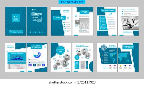 Brochure creative design with blue elements. Multipurpose template, include cover, back and inside pages. Trendy minimalist flat geometric design. Vertical a4 format.