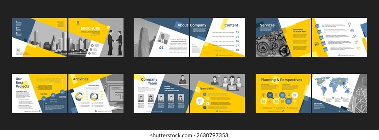 Brochure creative design. Multipurpose template with cover, back and inside pages. Trendy minimalist flat geometric design. Horizontal landscape a4 format.