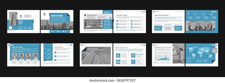 Brochure creative design. Multipurpose template with cover, back and inside pages. Trendy minimalist flat geometric design. Horizontal landscape a4 format.