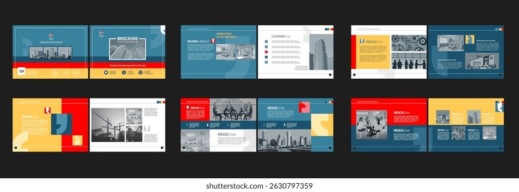 Brochure creative design. Multipurpose template with cover, back and inside pages. Trendy minimalist flat geometric design. Horizontal landscape a4 format.