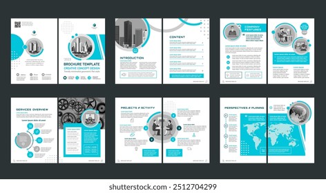 Brochura de design criativo. Modelo universal multiuso, inclui capa, verso e páginas internas. Design geométrico plano minimalista da moda. Formato a4 vertical.