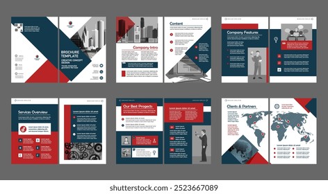 Brochure creative design. Multipurpose universal template, include cover, back and inside pages. Trendy minimalist flat geometric design. Vertical a4 format.