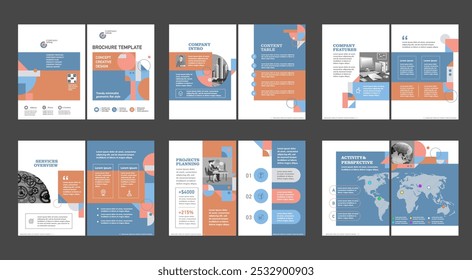 Brochure creative design. Multipurpose universal template, include cover, back and inside pages. Trendy minimalist flat geometric design. Vertical a4 format.