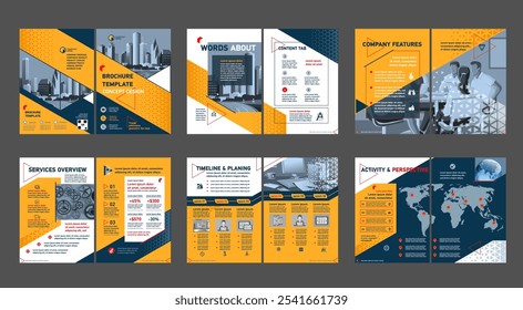 Brochure creative design. Multipurpose universal template, include cover, back and inside pages. Trendy minimalist flat geometric design. Vertical a4 format.