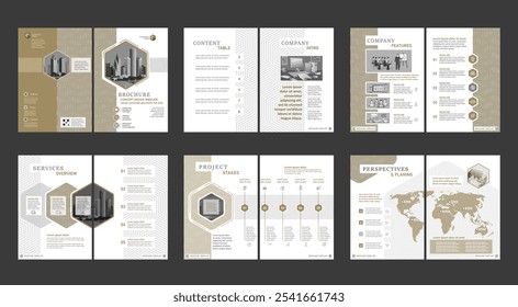 Brochura de design criativo. Modelo universal multiuso, inclui capa, verso e páginas internas. Design geométrico plano minimalista da moda. Formato a4 vertical.