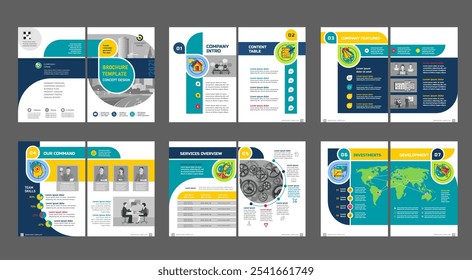 Brochure creative design. Multipurpose universal template, include cover, back and inside pages. Trendy minimalist flat geometric design. Vertical a4 format.