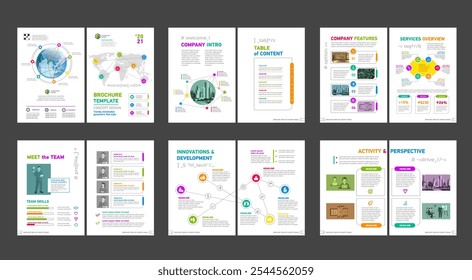 Brochure creative design. Multipurpose universal template, include cover, back and inside pages. Trendy minimalist flat geometric design. Vertical a4 format.