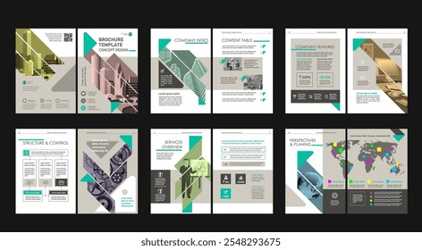 Brochure creative design. Multipurpose universal template, include cover, back and inside pages. Trendy minimalist flat geometric design. Vertical a4 format.