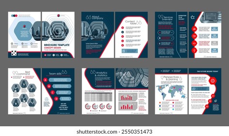 Brochure creative design. Multipurpose universal template, include cover, back and inside pages. Trendy minimalist flat geometric design. Vertical book a4 format.