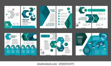 Brochure creative design. Multipurpose universal template, include cover, back and inside pages. Trendy minimalist flat geometric design. Vertical book a4 format.