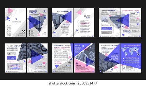 Brochure creative design. Multipurpose universal template, include cover, back and inside pages. Trendy minimalist flat geometric design. Vertical book a4 format.