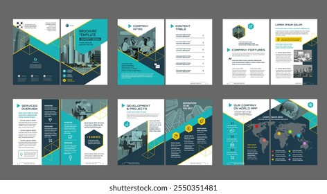 Brochure creative design. Multipurpose universal template, include cover, back and inside pages. Trendy minimalist flat geometric design. Vertical book a4 format.