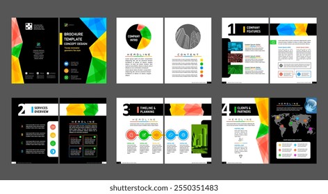 Brochure creative design. Multipurpose universal template, include cover, back and inside pages. Trendy minimalist flat geometric design. Vertical book a4 format.