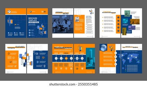 Brochure creative design. Multipurpose universal template, include cover, back and inside pages. Trendy minimalist flat geometric design. Vertical book a4 format.