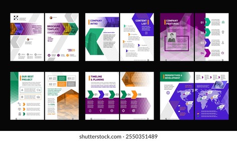 Brochure creative design. Multipurpose universal template, include cover, back and inside pages. Trendy minimalist flat geometric design. Vertical book a4 format.