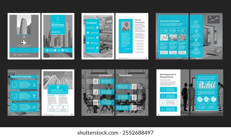 Brochure creative design. Multipurpose universal template, include cover, back and inside pages. Trendy minimalist flat geometric design. Vertical book a4 format.