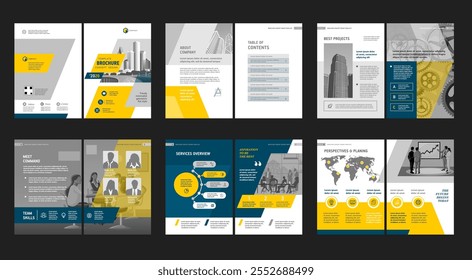 Brochure creative design. Multipurpose universal template, include cover, back and inside pages. Trendy minimalist flat geometric design. Vertical book a4 format.