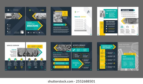 Brochure creative design. Multipurpose universal template, include cover, back and inside pages. Trendy minimalist flat geometric design. Vertical book a4 format.