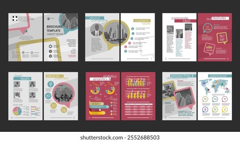 Brochure creative design. Multipurpose universal template, include cover, back and inside pages. Trendy minimalist flat geometric design. Vertical book a4 format.