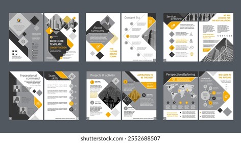 Brochure creative design. Multipurpose universal template, include cover, back and inside pages. Trendy minimalist flat geometric design. Vertical book a4 format.