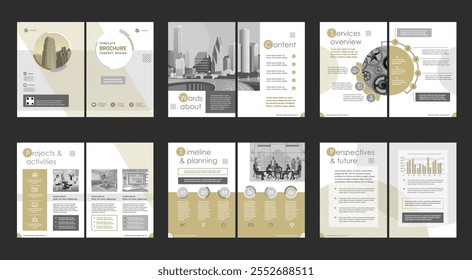 Brochure creative design. Multipurpose universal template, include cover, back and inside pages. Trendy minimalist flat geometric design. Vertical book a4 format.