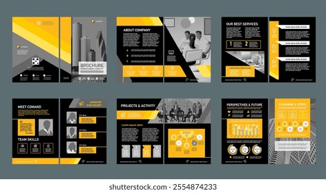 Brochure creative design. Multipurpose universal template, include cover, back and inside pages. Trendy minimalist flat geometric design. Vertical book a4 format.